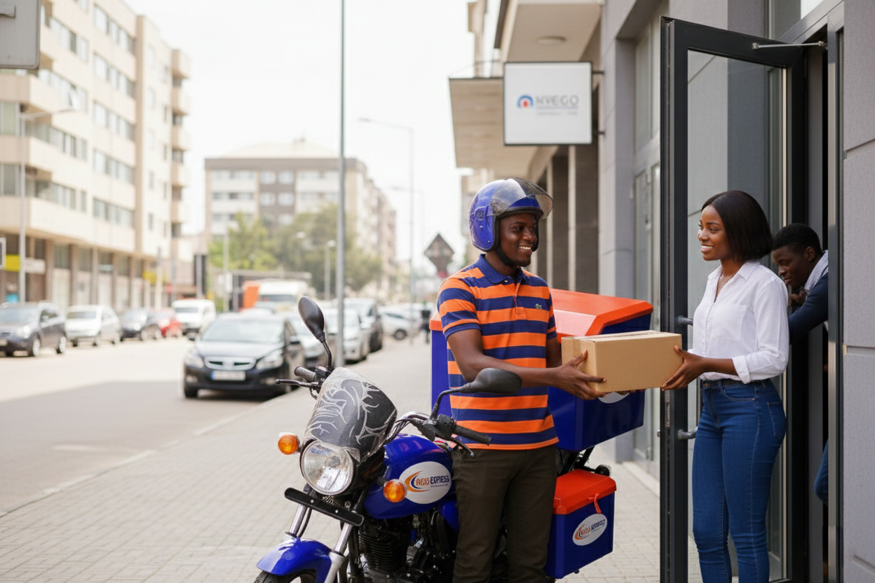Livreur en moto avec colis à Cotonou
